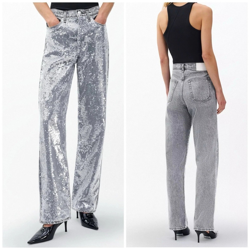 Rag & Bone The Shea High Rise Relaxed Straight Jeans Size 26 Steele Sequin Gray